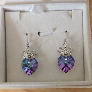 Elegant Purple Heart Crown Earrings